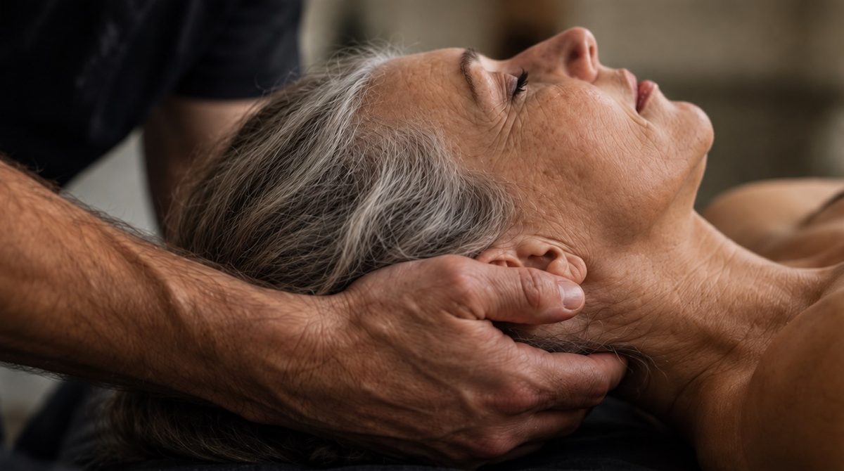 Therapist gently cradling an older client's head and neck during a session