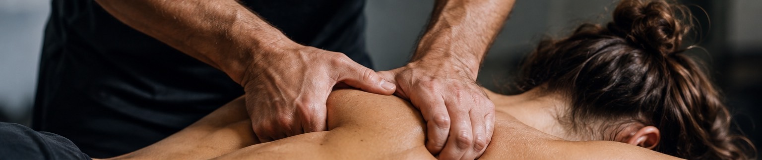 Therapist's hands applying focused pressure to the upper back during a session